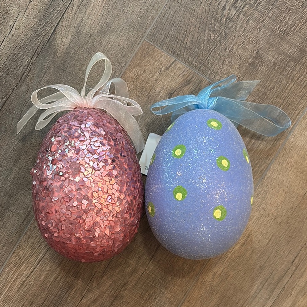 NWT Glittery Pink and Blue Holiday Easter Egg Ornaments Lightweight Foam 6”‎